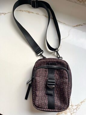 Guess Brown Monogram Crossbody Pouch Bag